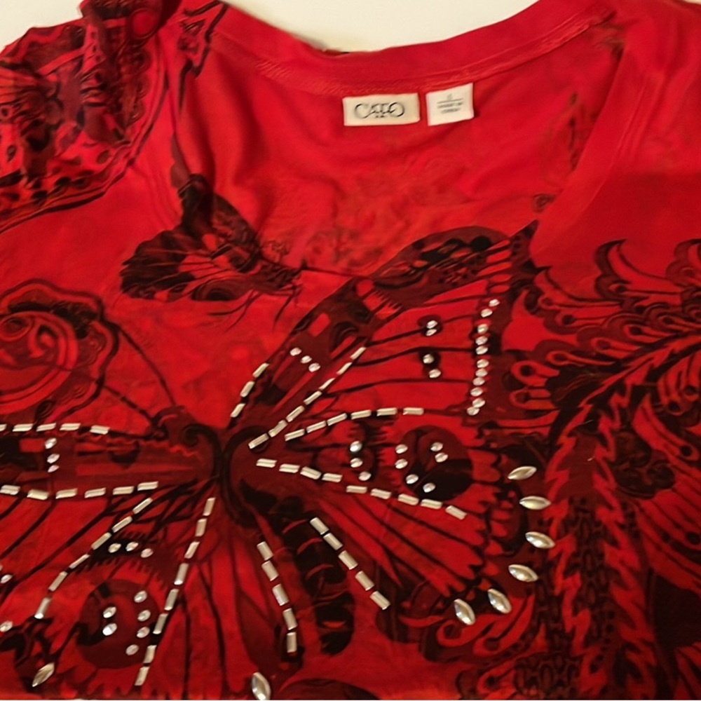 3/$18 Cato Large Cap Sleeve Butterflies Red & Black silver metallic sequins